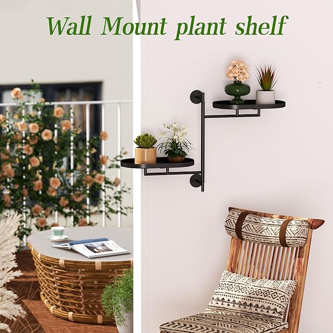 WIndow Rotating Plant Stand Shelf Indoor Black Metal Floating Shelves 2-Tier Wall Mount Plant Holders for Living Room Wall Planter Modern Home Decor for Gardening