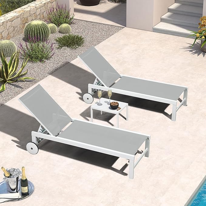 PURPLE LEAF Outdoor Chaise Lounge Set of 4 White Aluminum Lounge Chair Outdoor with Wheels Five-Position Adjustable Patio Lounge Chair for Pool Deck Yard, Bluish-Gray
