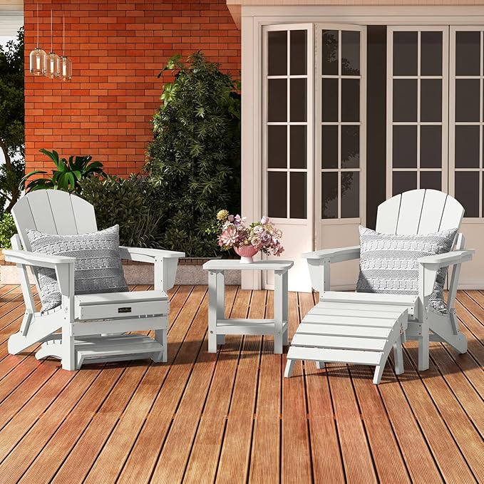 SERWALL Folding Adirondack Ottoman Set of 2, No-Assembly Outdoor Footstool, High Impact Polystyrene Folding Adirondack Footrest, White