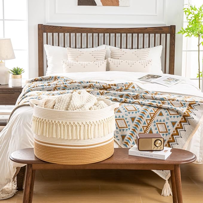 KAKAMAY Large Blanket Basket (20"x13"),Woven Baskets for storage Baby Laundry Hamper, Cotton Rope Blanket Basket for Living Room, Laundry, Nursery, Pillows, Baby Toy chest (Brown Fringe)