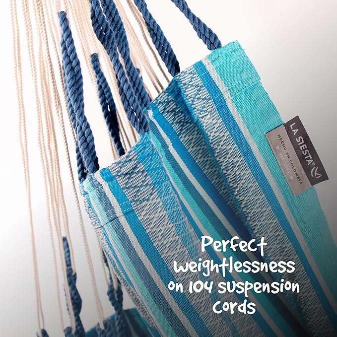 LA SIESTA - Large Comfort Habana Cotton Hammock & Romano Steel Stand - Indoor Outdoor Hanging Chair Swing for Bedroom Porch Balcony - Boho Hanging Chair - Azure