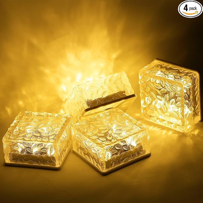 4Pack Solar Brick Lights,4.3 * 4.3in Outdoor Solar Lights,Pavers Lights,Solar Pathway Lights Outdoor Waterproof for Garden Courtyard Pathway, Ice Rock Cube Lights