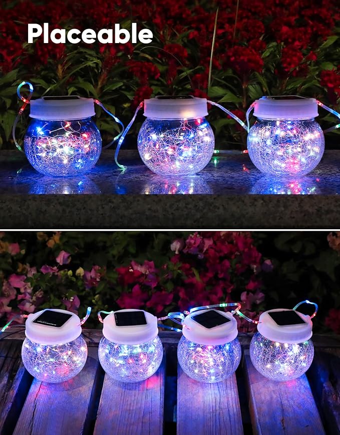 Solar Lantern Solar Lights Outdoor Waterproof 6-Pack, Solar Powered Hanging Lights Cracked Glass Hanging Globes for Christmas Decoration, Shepherd Hook, Garden Tree Ornaments,White Cap, Multi-Color