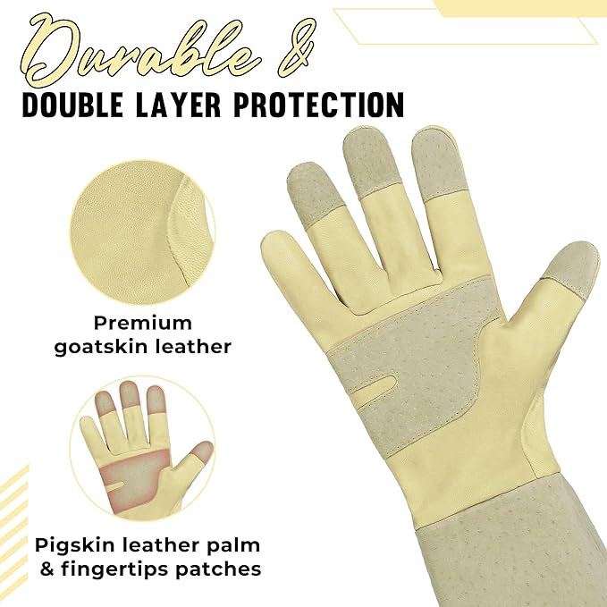 HANDLANDY Rose Pruning Gardening Gloves for Men Women, Thorn Proof Forearm Protection Leather Garden Gloves, Gardening Gifts for Gardeners (Beige- goatskin, Large (Pack of 1))