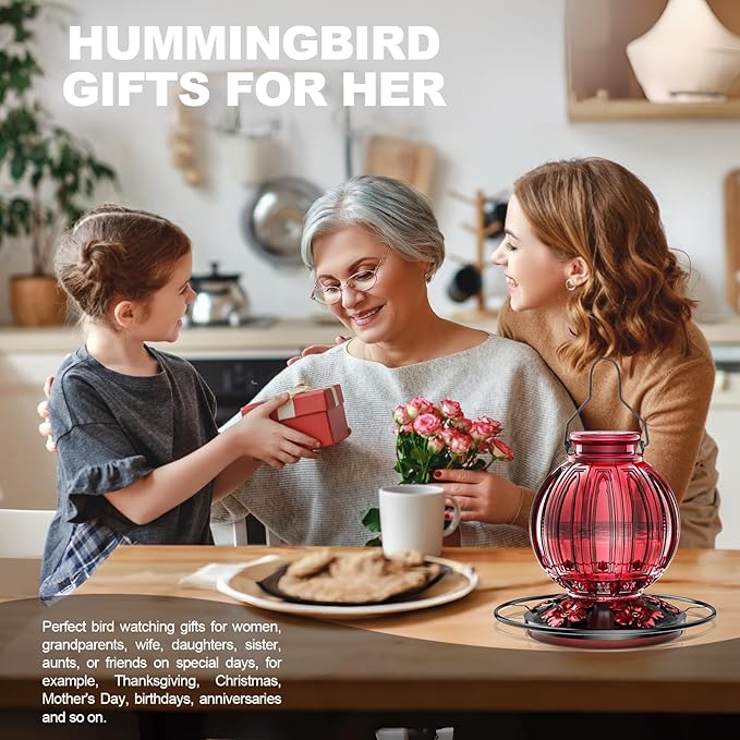 Glass Hummingbird Feeder for Outdoors Hanging, 26Oz Bird Nectar Feeder with Perch & 5 Flower Feeding Ports, Leak Proof for Outside Garden Decor Backyard, Gifts for Women Mom, Red