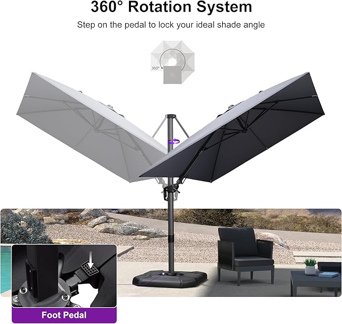 PURPLE LEAF 8.2' X 11.5' Tilting Patio Umbrella with Base Outdoor Cantilever Swivel Rectangle Umbrella Offset Umbrella with 360-degree Rotation for Garden Deck Pool Patio Light Grey