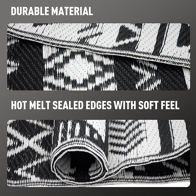WILDROOTS 9x12 Feet Black and White Plastic Outdoor Rug, Stain Resistant Waterproof Reversible Outdoor Patio Rug, Fade Resistant Camping Rug
