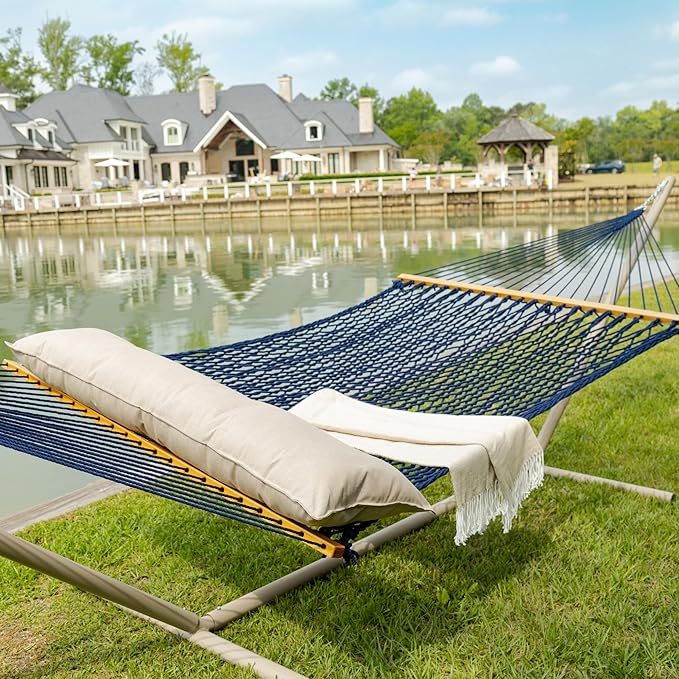Original Pawleys Island Large Navy DURACORD Rope Hammock with Extension Chains & Tree Hooks, Handcrafted in The USA, 450 LB Weight Capacity, 13 ft. x 55 in.