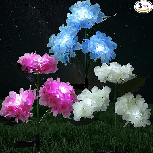 RAYLIDA Solar Lights Outdoor Decorative - 3 Pack Hydrangea Solar Garden Stake Lights, Multicolor, 10"L x 10"W x 27.5"H