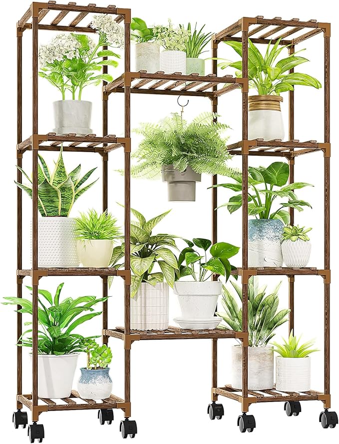 Plant Stand with Wheels Outdoor Indoor Hanging Plant Shelf for Multiple Plants Tall Large Holder for Living Room Patio Balcony Garden Corner Mobile