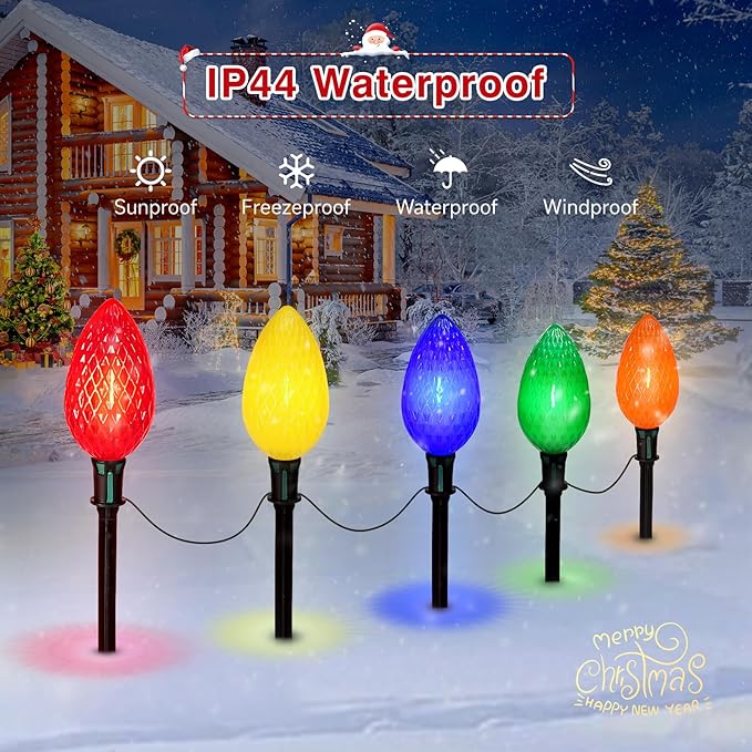 2 Packs Outdoor Christmas Decorations, Jumbo C9 Christmas Pathway Lights or Xmas String Lights, 8.5 Feet 5 LED Multicolored Large Bulbs, Waterproof Marker Lights for Yard Holiday Lawn Walkway Garden
