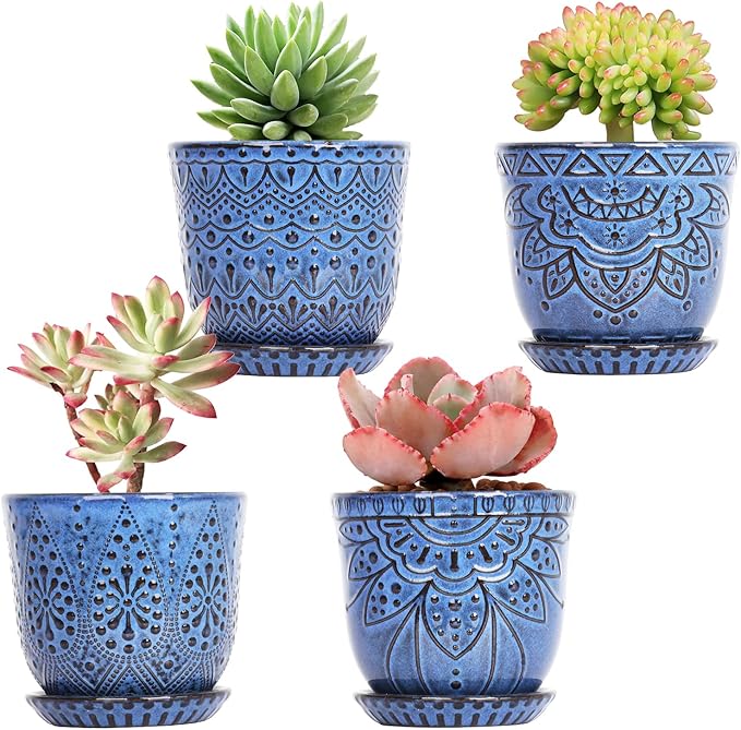 Gepege Succulent Pots, 4 Inch Small Indoor Ceramic Planter Pot with Drainage Holes and Saucers for Plants- Creamy White - Set of 4