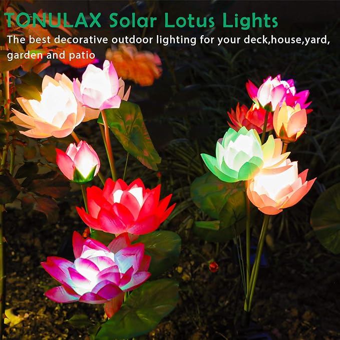 TONULAX Solar Garden Lights, Lotus Flower Lights, Outdoor Light for Garden, Patio, Yard Decoration, 7 Color Changing Decorative Light, Larger Solar Panel(4 Pack)