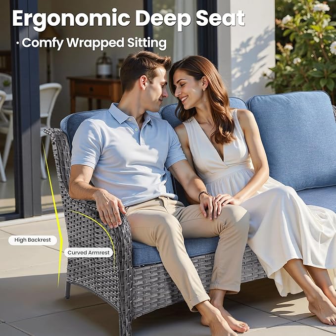 ovios 6 Pieces Patio Furniture Set with 42" Fire Pit Table, Outdoor Wicker Sofa with Ottomans, Comfy Cushions, High Back Couch Conversation Set, Grey Rattan, Denim Blue