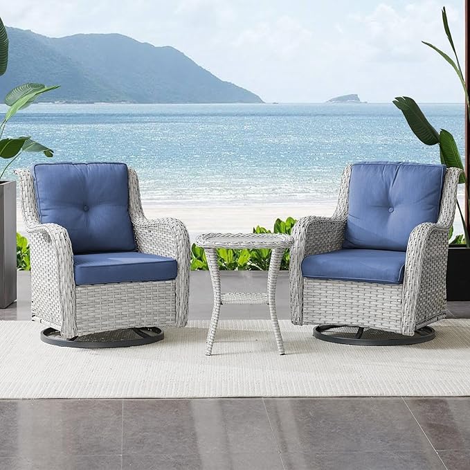Outdoor Swivel Rocker Patio Chairs Set of 3,High Back Swivel Patio Chairs Wicker Furniture Set,2 PCS Rattan Swivel Rocking Chair with Side Table,Light Grey Wicker (A089-2)