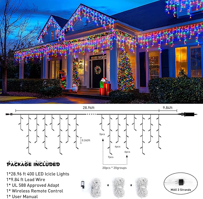 JMEXSUSS 400 LED 38.8Ft Icicle Christmas Lights With Remote - Outdoor Multicolor String Lights Plug in, 8 Mode for Outside Indoor House Yard Patio Eave Decorations