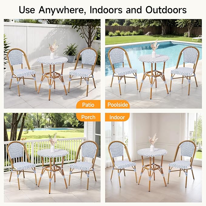 3 Piece French Wicker Bistro Set, Patio Bistro Set with Table and 2 Dining Chairs, All Weather ‎Outdoor ‎Bistro Set with Aluminum Frame, Outdoor Patio Set for Patio Porch Cafes Yard, Navy and White