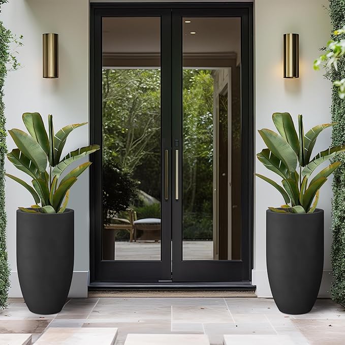 Kante 24 Inch Tall Round Concrete Planter, Large Indoor Outdoor Plant Pots with Drainage Hole and Rubber Plug, Modern Decorative Garden Pots for Home Patio Porch, Black