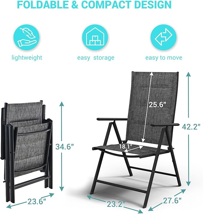 UDPATIO Patio Folding Dining Chairs Set of 2, Folding Lawn Chairs for Adults with Padded All Weather Breathable Textilene, Dark Gray