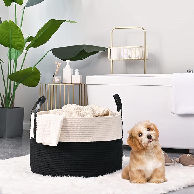 KAKAMAY Large Blanket Basket (20"x13"),Woven Baskets for storage Baby Laundry Hamper, Cotton Rope Blanket Basket for Living Room, Laundry, Nursery, Pillows, Baby Toy chest (White/Black)