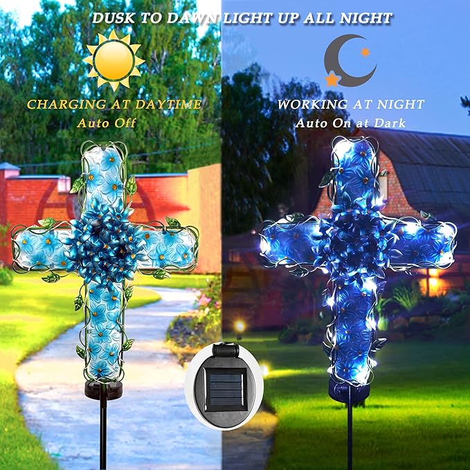 Solar Cross Garden Lights Outdoor Decorative - Solar Metal&Glass Cross Blue Hydrangea Flower Stake Lights- Waterproof 20 Warm White LED for Remembrance Gifts