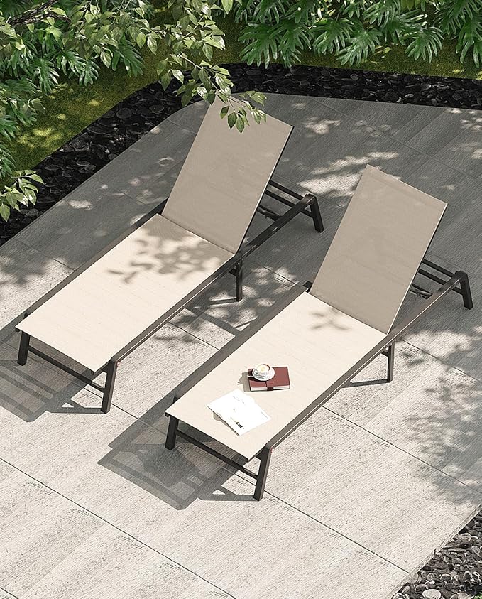 Aluminum Chaise Lounge Chair Outdoor, Foldable Patio Lounge Chair 2 Sets Assemble-Free, Pool Lounge Chairs with 5 Adjustable Backrest, Outdoor Lounge Chairs for Outside Poolside Beach Lawn Beige
