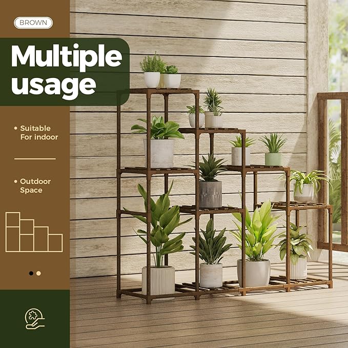 Bamworld Tall Plant Stand Indoor Wood Plant Shelf Outdoor Tiered Plant Rack for Multiple Plants 4 Tiers 10 Pots Ladder Plant Holder Plant Table for Plant Pots Boho Home Decor for Gardening Gifts