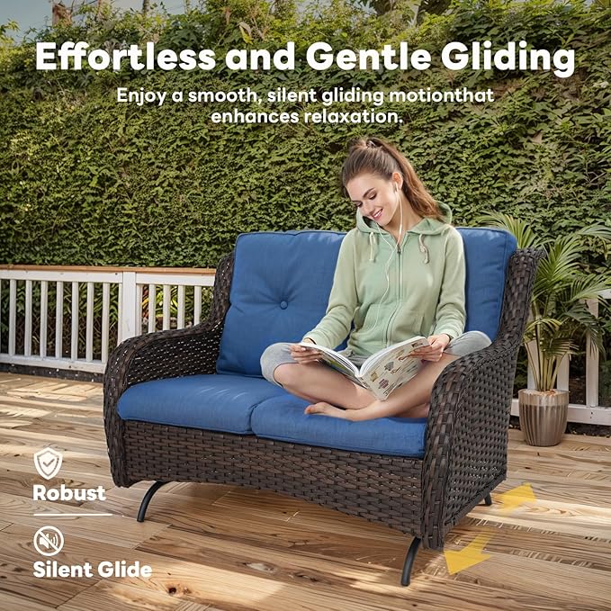 4 Piece Patio Furniture Set - Outdoor Glider Bench with Swivel Rocker Chairs and Coffee Table, High Back Small Outdoor Conversation Furniture Sets for Deck Sunroom Balcony Backyard