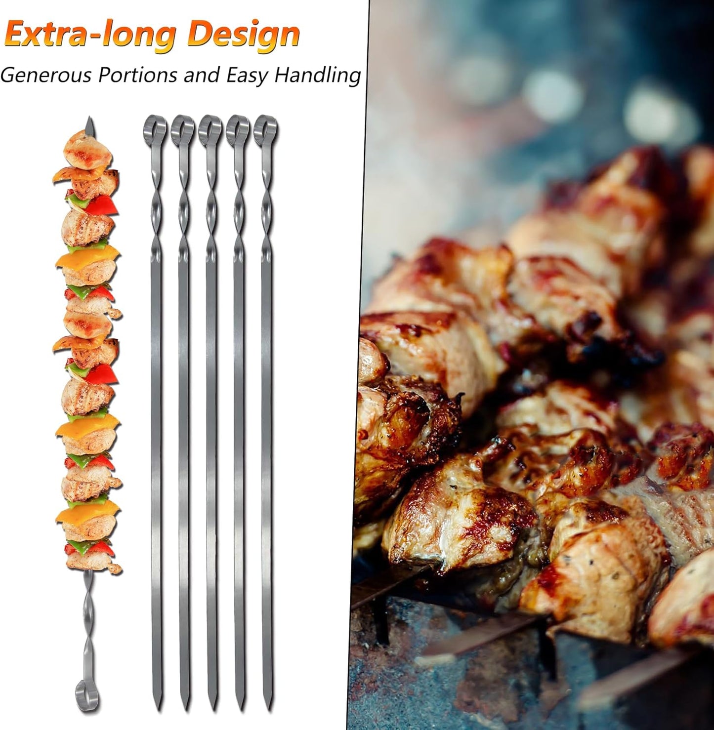 Hakka Stainless Steel Barbecue Skewers, 23" Heavy Duty Metal Skewers Large Wide Grilling Reusable Kabob Sticks with NonSlip Ring Handle,Set of 10