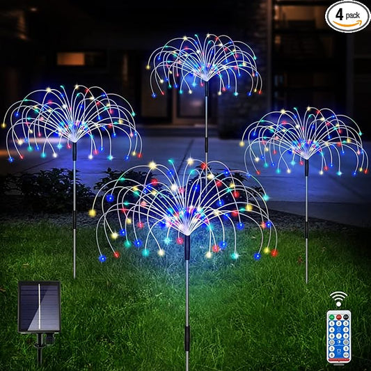 Outdoor Solar Garden Lights, 4 Pack 120 LED Copper Wire Waterproof Garden Fireworks Lamp with Remote, 8 Modes Decorative Sparkles Stake Landscape Light for Pathway Lawn Decor (Colorful)