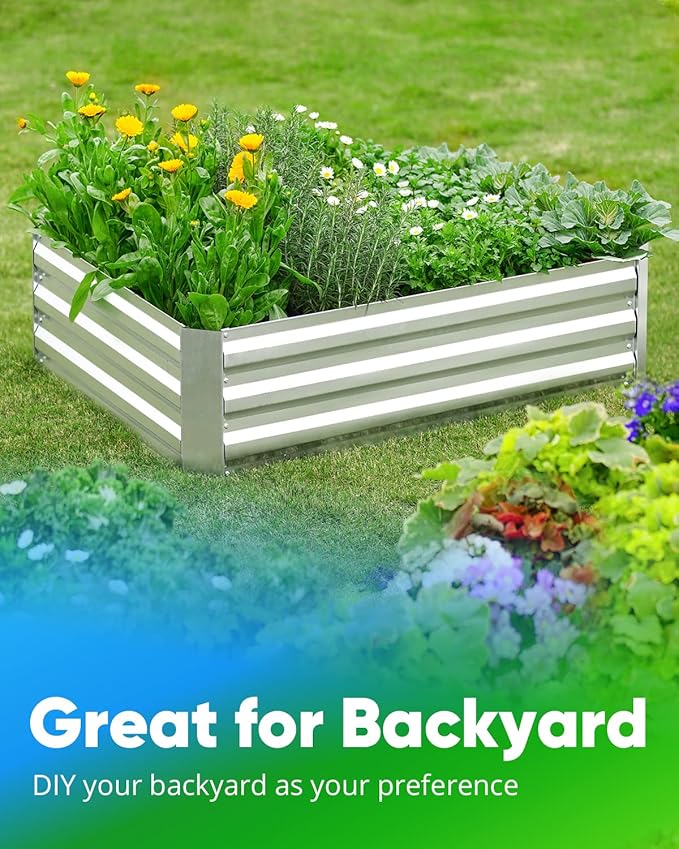 Quictent Galvanized Raised Garden Bed 4x3x1 Ft Metal Planter Box for Vegetables Bottomless for Backyard, Include 1 Tomato Cage, Silver