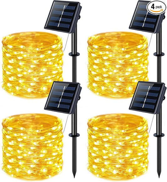 JMEXSUSS 4 Pack 100 LED Solar Fairy Lights, 33ft Warm White Solar String Lights Outdoor Waterproof, 8 Modes Copper Wire Solar Twinkle Lights for Garden Yard Tree Wedding