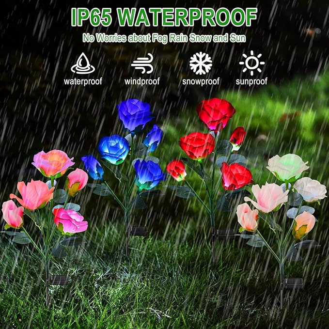 ANGMLN Solar Garden Lights, 6 Pack Solar Flower Lights Outdoor Waterproof with 30 Head Realistic Rose 7-Color Changing Landscape Light for Garden Yard Pathway Patio Grave Cemetery Decoration