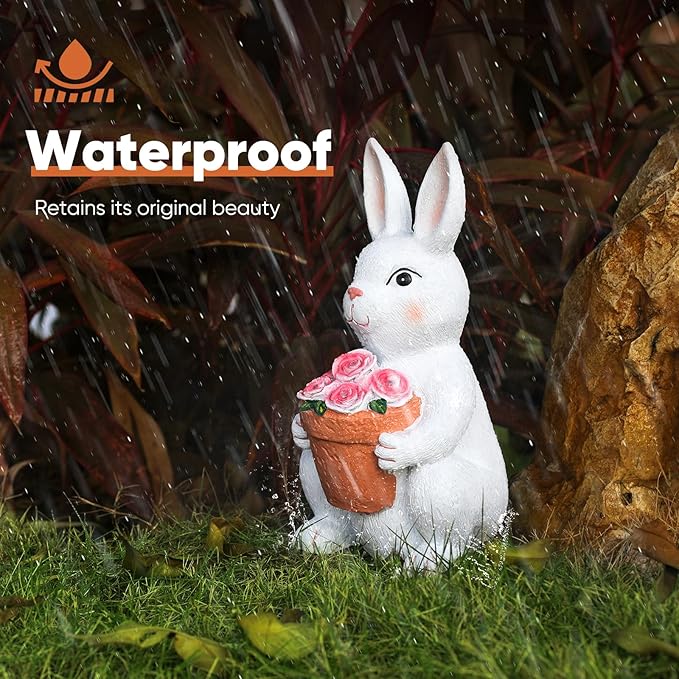 Brightever Solar Powered Outdoor Garden Statues- Rabbit with Flowers and 5 Colorful LED Lights, 11.8IN Outdoor Figurine Lights, Solar Garden Bunny Decor for Patio, Gifts for Women, Housewarming