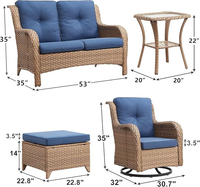 Outdoor Wicker Patio Furniture Set - 6 Piece Rattan Patio Conversation Set with 2 Rocking Swivel Chairs,2 Ottomans,1 Loveseat and 1 Side Table for Porch Deck Backyard Garden(Yellow/Blue)