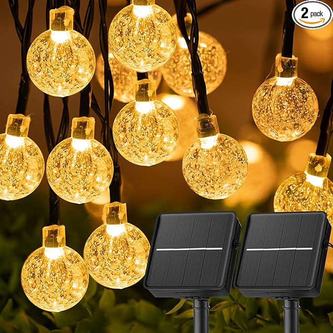 Solar String Lights Outdoor Waterproof, 2 Pack 60 LED 36.5 FT Each, Crystal Globe Lights with 8 Lighting Modes, Solar Powered Patio Lights for Garden Yard Porch Wedding Party Decor (Warm White)