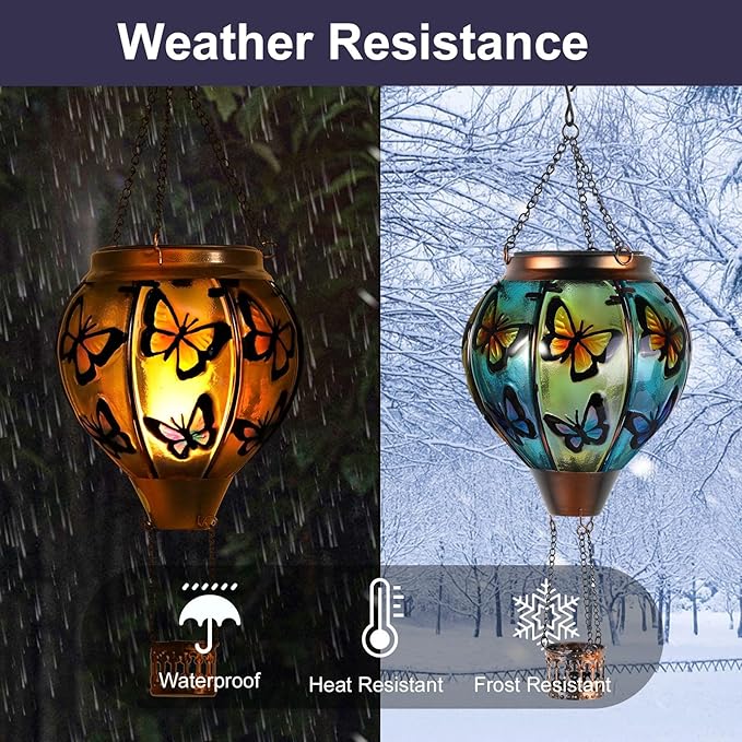 pearlstar Hot Air Balloon Solar Lantern with Flickering Flame Light Outdoor Solar Hanging Lights Waterproof for Garden Yard Farmhouse Patio Pathway Outside Decoration,Glass(Butterfly)