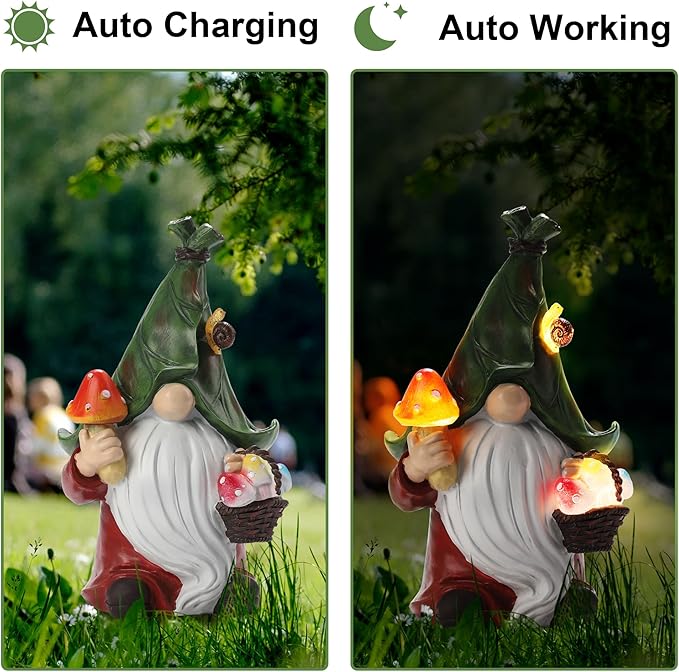 Mushroom-Picking Gnome Solar Garden Statue with 3 LED Lights, Set with 1 Gnome and 2 Small Mushroom, Lovely Garden Gnome Set for Patio, Yard, Lawn Ornament, Outdoor Decor
