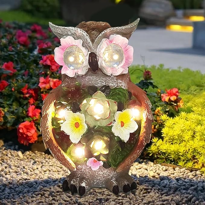 Owl Garden Statue,Solar Garden Statues with Flower LED Lights, Resin Owl Figurine for Lawn Patio Porch Yard Deco Gifts for Women/Mom/Grandma