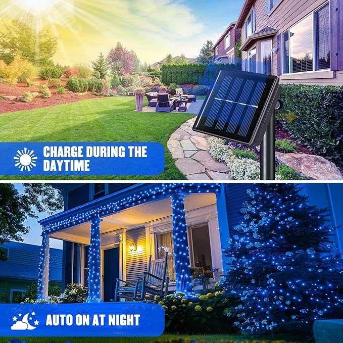 JMEXSUSS 2 Pack Blue Solar Christmas Lights: 100 LED 33ft Blue Solar Lights Outdoor, 8 Modes Solar String Lights for Outside Christmas Tree Gardens Party