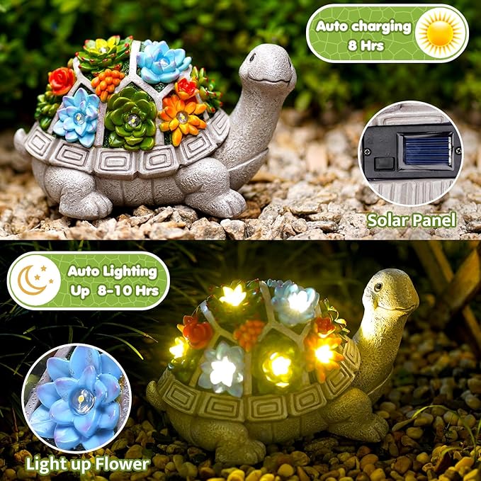 Solar Garden Turtle Statue - Turtle Decor with 7 Warming Solar LED Lights, Outdoor Decorations for Yard Patio Lawn & More, for Women, Moms, Birthdays or Turtle Lovers