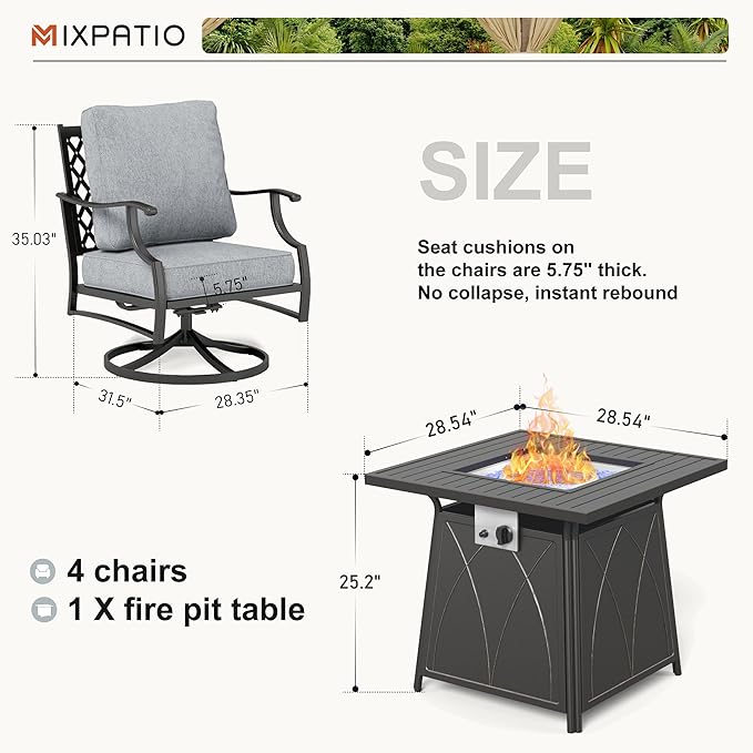 Patio Furniture Set with Fire Pit Table, 5 Pcs Metal Outdoor Conversation Set, 4 Swivel Chairs with 5.75" Extra Thick Cushion and 28" Fire Pit Table for Backyard Deck, Grey