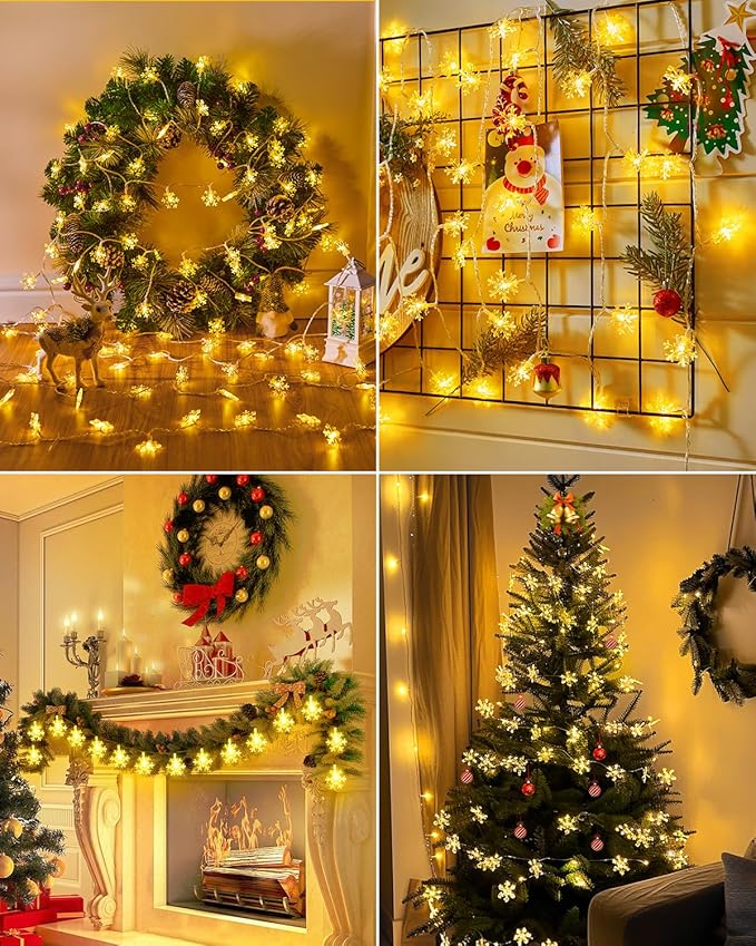 Brightown Solar Christmas Snowflake String Lights, 72FT 200 LED Outdoor Waterproof Fairy Lights with 8 Lighting Modes for Wedding, Party, Tree, Room, Garden, Patio, Yard, Home, Warm White