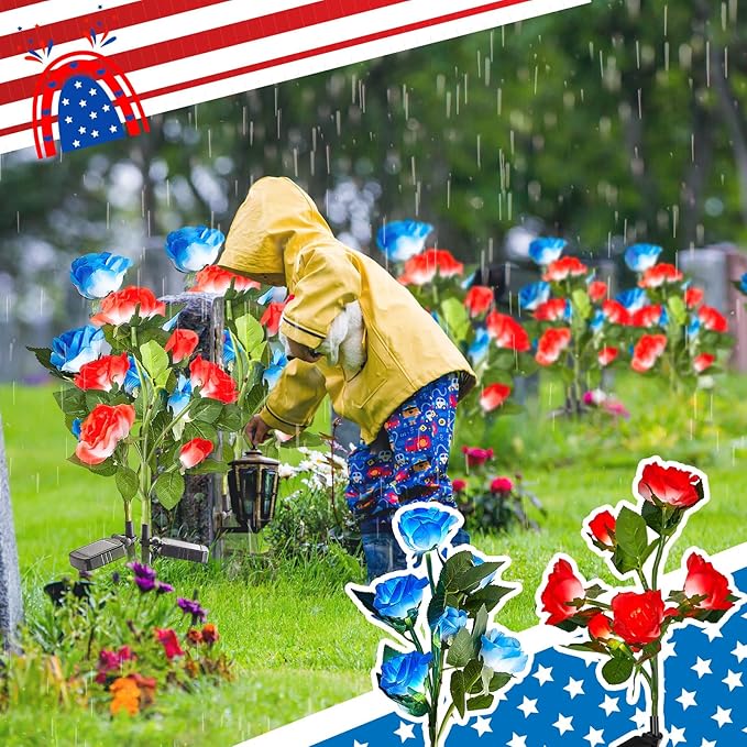 Woanger 4 Pcs Solar Flowers Cemetery Grave Decorations Outdoor LED Flower Lights with 6 Rose Powered Garden Stake Lights Waterproof for Independence Day Grave Decorations (Red, Blue)