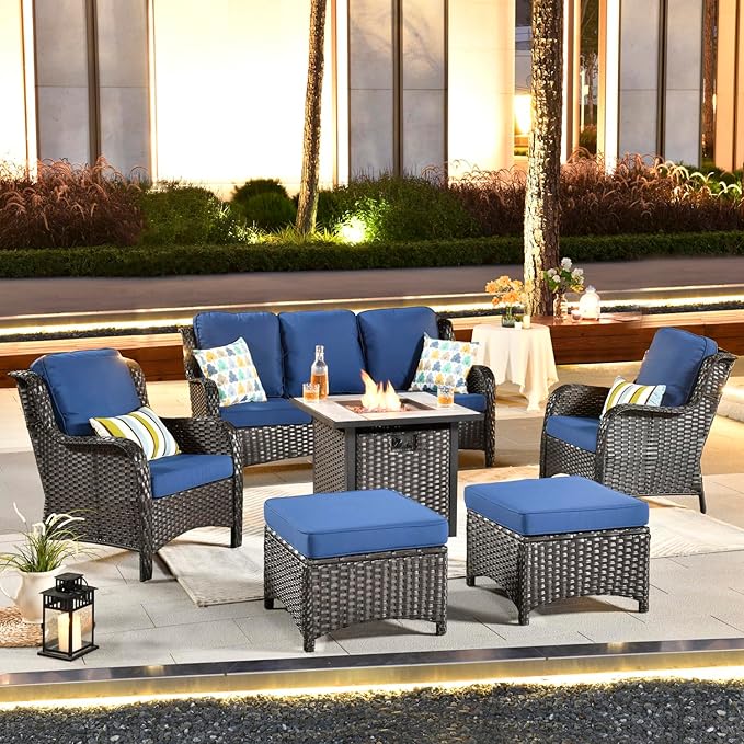 ovios 6 Pieces Patio Furniture Set with 30" Fire Pit Table, Outdoor Wicker Sofa with Ottomans, Comfy Cushions, High Back Couch Conversation Set, Brown Rattan, Navy Blue