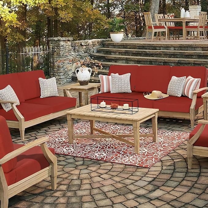 Favoyard Outdoor Deep Seat Cushion Set, 24 x 24 Inch Rainproof & 3-Year Fade Resistant Patio Furniture Cushions, Removable Seat Bottom & Back Cushion Covers with Ties for Chair, Sofa, Couch, Red