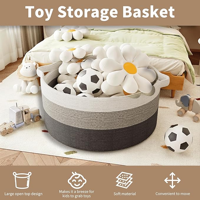 125L Extra Large Blanket Basket, 25" x 16", Jumbo Laundry Woven Baskets Decorative Home, Cotton Rope Basket with Handles, Baby Toy Baskets for Storage, Gradual Gray