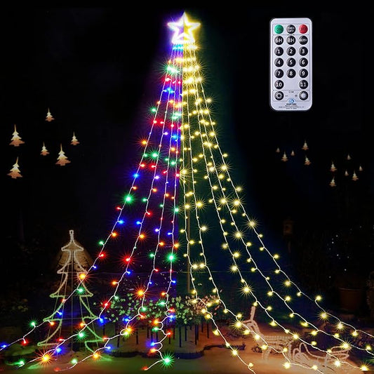 BlcTec Outdoor Christmas Decorations with Remote, 317 LED Color Changing Christmas Lights with 9 Strands 11.9ft Waterfall Lights, 11 Modes, Waterproof & Timer for Xmas Décor, Multicolor & Warm White