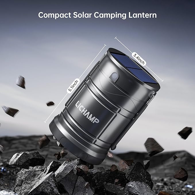 Lichamp 1-Pack Solar Camping Lantern, USB Rechargeable LED Lanterns Battery Powered Pop Up Flashlight Lamps with Three Modes Power for Power Outages Hurricane Supplies Emergency Indoor & Outdoor