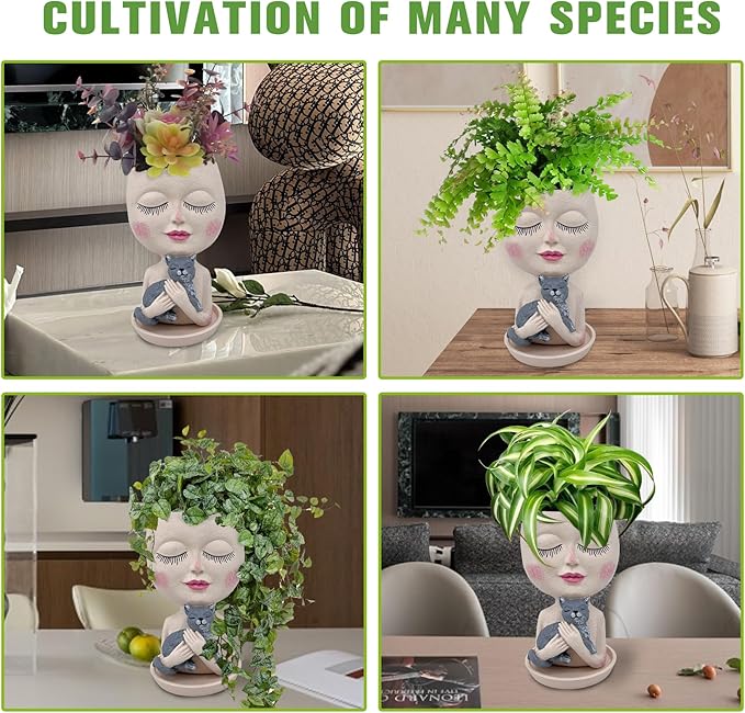 Face Plant Pots Head Planters - Face Flower Pot Head Planter with Cat, Succulent Pots with Drainage Hole, Resin Lady Planter for Indoor Outdoor, Home Decor, Mother's Day/Women Gifts
